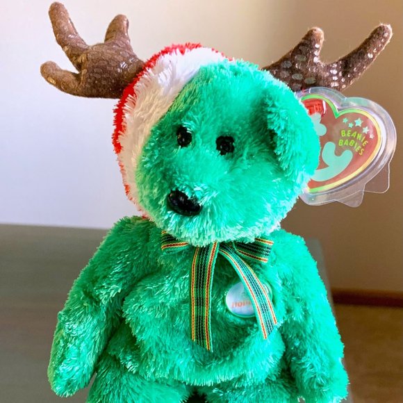 2002 4564 Green Holiday Teddy Bear Reindeer Hat Christmas Ty Beanie Baby MWMT - Picture 1 of 9